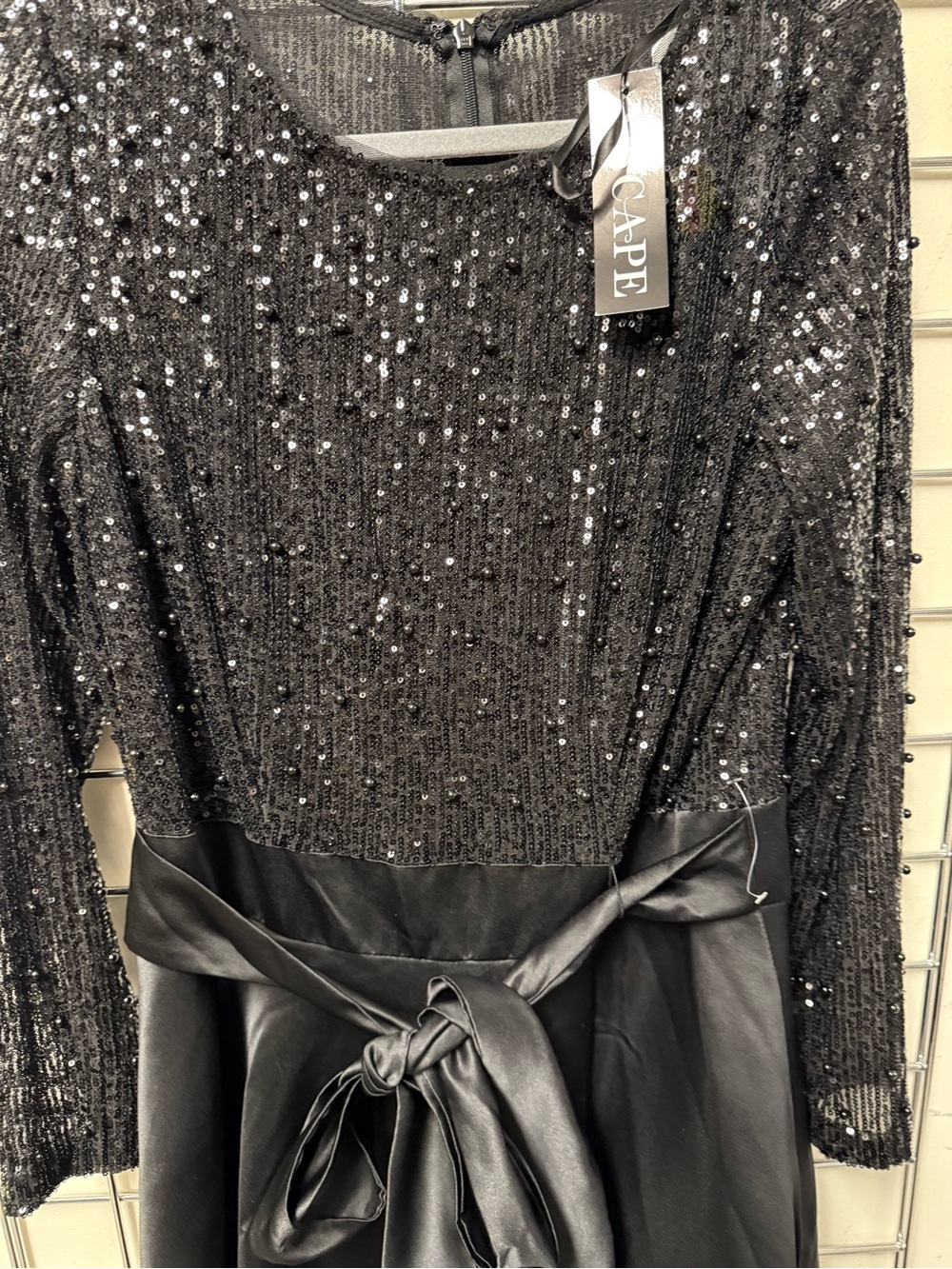 Cape Black Sequin Long-Sleeve Belted Evening Dress